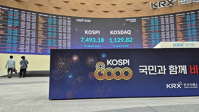 이날 서울 여의도 한국거래소 2층 홍보관에 8000 달성 기념 세리머니를 진행하기 위해 제작된 구조물이 배치돼 있다. 이날 코스피가 장중 8000을 최초 돌파했지만 급락한 채 장마감했고, 한국거래소는 세리머니 일정을 취소했다. / 사진=최동훈 기자