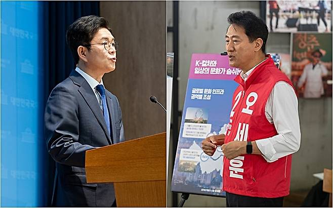 ▲15일 서울시장 선거를 앞두고 정원오 더불어민주당 후보가 국회 소통관에서 문화공약 발표 및 서울문화예술성장위원회 출범식을 진행하고 있다(왼쪽). 같은 날 오세훈 국민의힘 후보가 서울 종로구 대왕빌딩에서 열린 현장 일정에 참석해 발언하고 있다. 사진=정원오, 오세훈 캠프