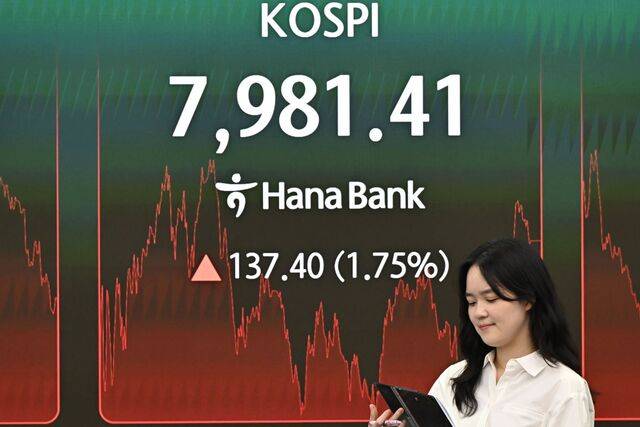 코스피가 14일 전장 대비 137.40포인트(1.75%) 오른 7981.41에 장을 마치며 사상 최고치를 경신했다. 이날 서울 중구 하나은행 본점 딜링룸에 코스피 종가가 표시돼 있다. 윤웅 기자