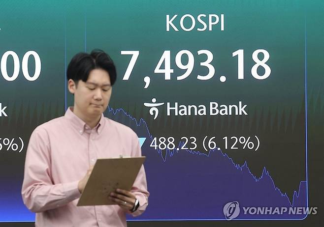 15일 서울 중구 하나은행 딜링룸에서 직원이 업무를 보고 있다. 이날 코스피는 장 초반 8000선을 넘겼지만 이후 급락, 전일보다 488.23포인트(6.12%) 내린 7493.18에 장을 마쳤다. [연합뉴스]