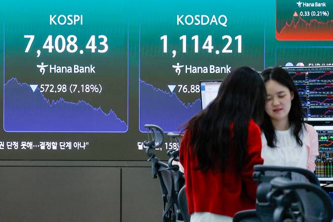 코스피가 15일 사상 첫 장중 8000선을 돌파한 뒤 488포인트 넘게 뒤로 밀리며 마감됐다. 사진은 이날 서울 중구 하나은행 딜링룸. /사진=뉴스1