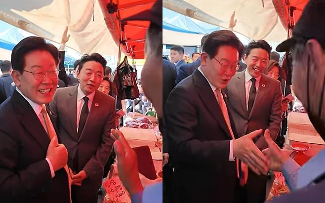 이재명 대통령이 14일 경기 성남 모란시장을 방문해 시민과 대화를 나누고 있다. [유튜브 이재명TV]
