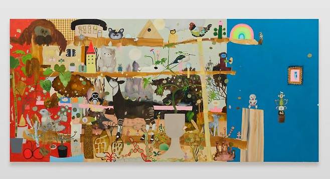 Tomoko Nagai, A Utopian Event, 2026, Oil, glitter on canvas, 227.7 × 489.7 cm (227.7 × 181.8 cm, 227.7 × 162.2 cm 227.7 × 145.7 cm). Courtesy of the artist and Perrotin.  *재판매 및 DB 금지