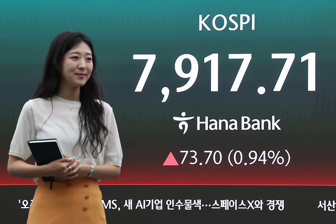 14일 서울 중구 하나은행 본점 딜링룸 현황판에 코스피가 표시돼 있다. 이날 코스피는 전 거래일보다 1.75% 오른 7981.41에 거래를 마쳤다. 연합뉴스