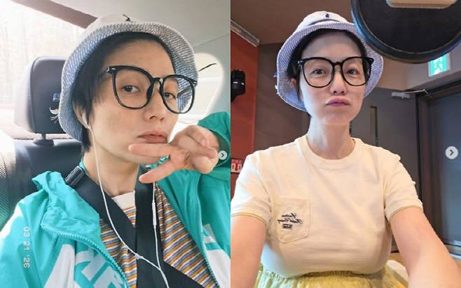 안영미 폴로 랄프로렌 모자를 쓴 모습. 오른쪽 사진의 티셔츠는 코닥어패럴 제품. (사진=안영미 인스타그램 캡처)