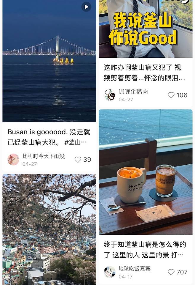 중국판 인스타그램인 샤오훙슈에 ‘부산병(釜山病)’을 검색하자 나온 게시물들. /샤오훙슈 캡처