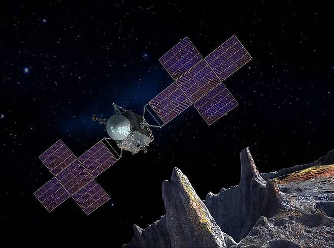 지난 2023년 발사된 미 항공우주국(NASA)의 소행성 탐사선 '프시케' 상상도. 프시케는 동명의 금속형 소행성에 2029년 도착해 탐사 임무를 수행할 예정이다./NASA