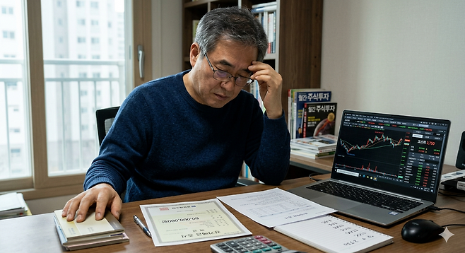 오랜만에 만난 지인들마다 주식 얘기다. 마냥 오를 것 같던 코스피가 8000을 찍자마자 6% 넘게 급락했다. 전문가들은 예금만으로 노후 준비를 할 수는 없지만 주식투자 비중을 과도하게 늘릴 경우 노후를 위험하게 할 수 있다고 경고한다. /기사의 이해를 돕기 위한 생성형 AI 이미지 by 나노바나나