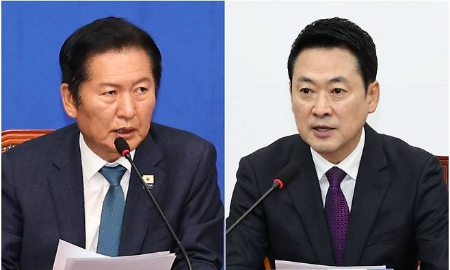 정청래 더불어민당 대표(왼쪽)와 장동혁 국민의힘 대표가 각각 4월27일과 29일 국회에서 열린 최고위원회의에서 발언하고 있다. 윤운식 선임기자 yws@hani.co.kr