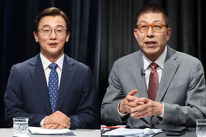 전재수 더불어민주당 부산시장 후보와 박형준 국민의힘 부산시장 후보가 12일 오후 부산 동구 부산MBC에서 열린 6·3 지방선거 부산시장 후보자 토론회에 참석해 토론하고 있다. 송봉근 객원기자