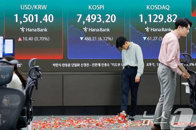 코스피가 장중 사상 처음으로 8000을 돌파했다가 7500선 이하로 급락하며 마감한 15일 오후 서울 중구 하나은행 본점 딜링룸에서 딜러들이 코스피 8천 돌파를 축하하며 뿌렸던 색종이를 치우고 있다. 2026.5.15 ⓒ 뉴스1 안은나 기자