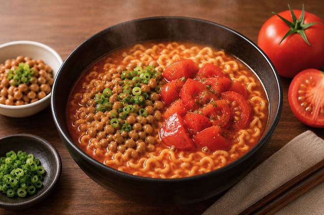 라면에 낫토와 토마토를 추가해 먹으면 맛과 영양이 개선된다. /사진=chatGPT 생성 이미지