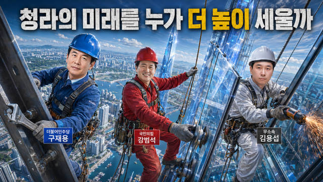 서해구는 청라국제도시와 루원시티, 가정·석남·가좌 일대를 품고 새 출발을 앞두고 있다. 청라시티타워는 청라 주민들이 오래 기다려 온 숙원 사업이자 서해구의 상징으로 꼽힌다. 인공지능(AI)은 서해구청장 후보들을 미래의 시티타워 공사 현장의 고공 작업자로 그려냈다. 서해구의 미래를 누가 더 높이 세울까. 챗GPT생성 이미지. 조주현기자