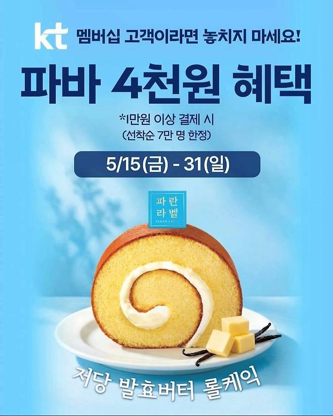 [서울=뉴시스] 파리바게뜨, KT 멤버십 대상 4천원 할인 프로모션 진행(사진=파리바게뜨 제공) *재판매 및 DB 금지
