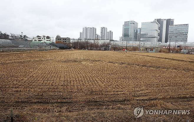정부, 사상 첫 '농지 전수조사' 추진…수도권 투기 위험군 중점 (과천=연합뉴스) 류영석 기자 = 정부가 전국 농지 소유자를 대상으로 처음으로 전수조사를 벌이는 방안을 추진 중인 가운데 2일 수도권 내 한 농지 너머로 아파트 단지 등 재개발 구역이 들어서 있다.
앞서 이재명 대통령은 지난 달 24일 부동산이 문제로 농지도 투기 대상이 돼 가격이 비싸다면서 농지 전수조사를 검토하라고 지시했다. 2026.3.2 ondol@yna.co.kr