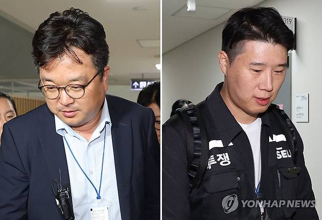 삼성전자 노사, 사후조정 결렬 (세종=연합뉴스) 김주성 기자 = 삼성전자 대표교섭위원인 김형로 부사장(왼쪽 사진)과 최승호 초기업노조 삼성전자지부 위원장(오른쪽 사진)이 13일 새벽 세종시 정부세종청사 중앙노동위원회에서 2026년 임금협약 체결을 위한 2차 사후조정이 결렬된 후 협상장을 각각 떠나고 있다. 2026.5.13 utzza@yna.co.kr