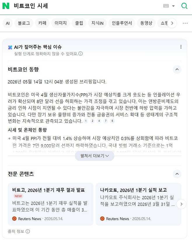 네이버에 '비트코인 시세'를 검색한 후 AI 브리핑의 요약 결과 (네이버 AI 브리핑 갈무리)