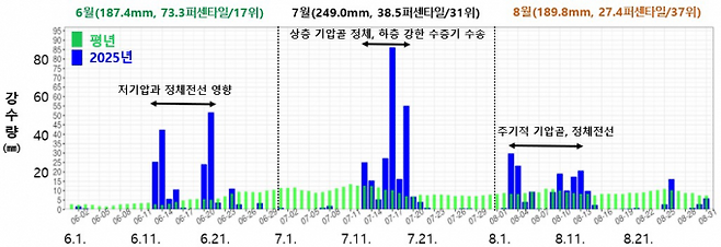 6~8월에 평년 강수량과 지난해 강수량 패턴을 비교한 그래프. 지속적인 강수보다 짧은 시간에 강한 강수를 퍼붓는 형태로 나타난다. 손석우 교수 제공