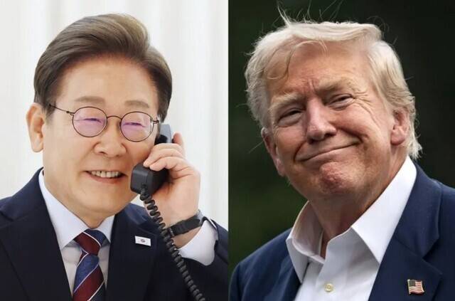 지난해 6월6일 이재명 대통령이 서울 한남동 관저에서 도널드 트럼프 미국 대통령과 전화 통화를 하기 위해 수화기를 들고 있는 모습. 오른쪽은 트럼프 대통령. EPA 연합뉴스