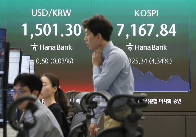 18일 서울 중구 하나은행 딜링룸 현황판에 코스피가 표시되고 있다. 연합뉴스