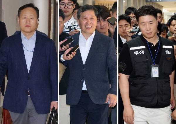 왼쪽부터 18일 2차 사후조정이 열린 중노위 조정회의장으로 각각 들어가는 삼성전자 사측 대표교섭위원인 여명구 DS(반도체 부문) 피플팀장, 박수근 중앙노동위원장, 삼성그룹 초기업노동조합 삼성전자지부 최승호 위원장. 연합뉴스