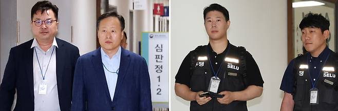 삼성전자 사측 대표교섭위원인 여명구 DS(반도체 부문) 피플팀장(왼쪽 사진 오른쪽)과 삼성그룹 초기업노동조합 삼성전자지부 최승호 위원장(오른쪽 사진 왼쪽)이 18일 정부세종청사 중앙노동위원회에서 열리는 2차 사후조정 회의에 각각 참석하고 있다.      정부가 긴급조정권 발동 가능성까지 시사한 가운데 열리는 이번 2차 사후조정은 총파업 예고일을 사흘 앞두고 마지막 교섭이 될 전망이다. [연합]