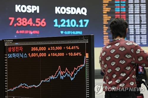한국거래소 서울사무소 전광판에 비친 삼성전자와 SK하이닉스 주가 현황 [연합뉴스 제공]