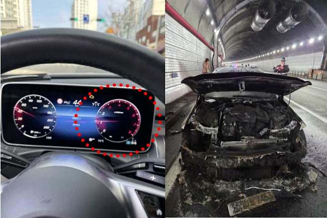 지난 3월8일 오후 1시15분쯤 부산 해운대구 장산2 터널 내부에서 주행 중 화재가 발생한 당시 메르세데스-벤츠 ‘C300’의 RPM(분당 회전수) 게이지가 붉게 물든 모습(왼쪽)과 화재로 앞부분이 모두 탄 차량 모습. 출처=제보자