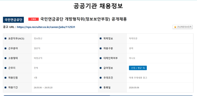 공공기관 채용정보시스템에 올라온 정보보안부장 공개채용 공고.