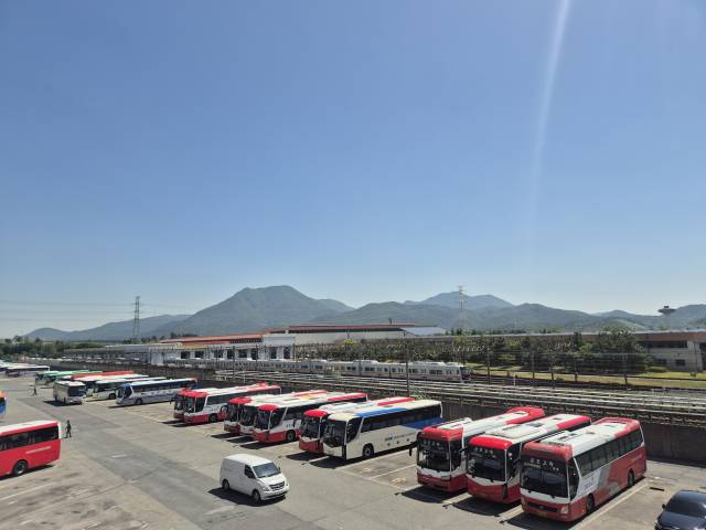 지난 18일 오전 부산 금정구 노포동 부산종합버스터미널 박차장에서 운행 전 차량들이 대기 중이다.