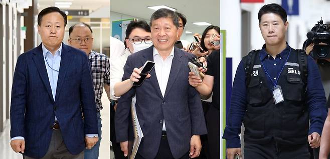 삼성전자 사측 대표교섭위원인 여명구 DS(반도체 부문) 피플팀장(왼쪽부터), 박수근 중앙노동위원장, 최승호 삼성그룹 초기업노동조합 삼성전자지부 위원장이 총파업 예고 시한을 이틀 앞둔 19일 정부세종청사 중앙노동위원회에서 열린 2차 사후조정 최종회의에 참석하고 있다. 뉴스1