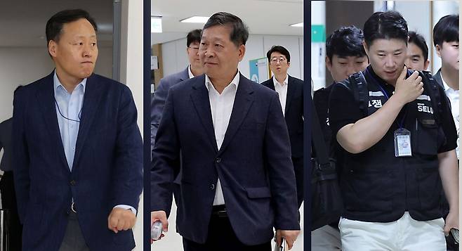 왼쪽부터 여명구 (반도체 부문 피플팀장) 사측 대표교섭위원, 박수근 중노위원장, 최승호 삼성그룹 초기업노조 삼성전자지부 노조위원장이 18일 정부세종청사 중앙노동위원회에서 열리는 2차 삼성전자 노·사 사후조정 회의에 입장하고 있다. 뉴스1