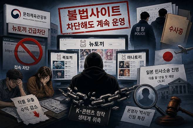 정부의 긴급차단 조치와 경찰 수사에도 저작권 침해 불법 사이트들이 여전히 성행하자, 피해자들은 직접 운영자를 찾고 소송을 제기하는 등 발 벗고 나섰다. 이미지는 이해를 돕기 위해 생성형 AI로 제작한 사진. 챗GPT