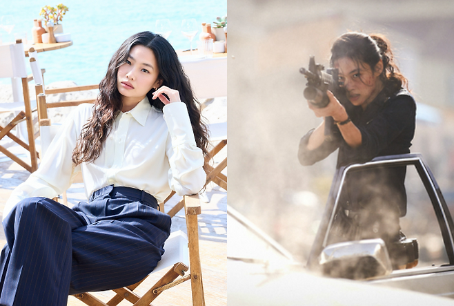 제79회 칸 국제영화제 경쟁 부문에 초청된 영화 <호프>에서 ‘성애’(오른쪽 사진) 역을 맡은 배우 정호연이 프랑스 칸 팔레 드 페스티발 인근 해변에서 포즈를 취하고 있다. 플러스엠 엔터테인먼트 제공