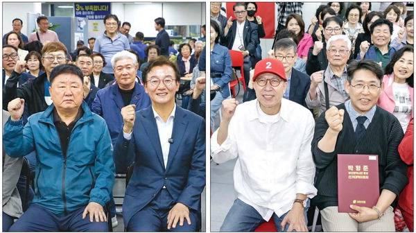 더불어민주당 전재수 부산시장 후보가 20일 부산진구 선거사무소에서 부산 법인택시노조의 지지선언을 받고 있다. 오른쪽 사진은 국민의힘 박형준 부산시장 후보가 이날 부산진구 선거사무소에서 (사)부산예술문화단체총연합회 소속 문화예술인 100인 지지선언을 받은 뒤 기념촬영을 하는 모습. 전민철 이원준 기자