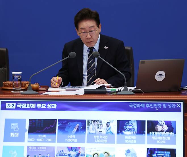 이재명 대통령이 20일 청와대에서 열린 국무회의 겸 비상경제점검회의에서 각 부처 국정성과 보고를 듣고 있다. [연합뉴스]