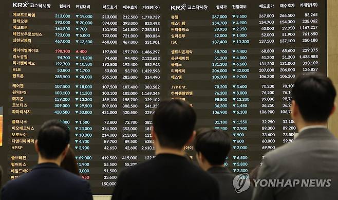 서울 여의도 한국거래소 홍보관의 주식시장 현황판 [연합뉴스 자료사진. 재판매 및 DB 금지]