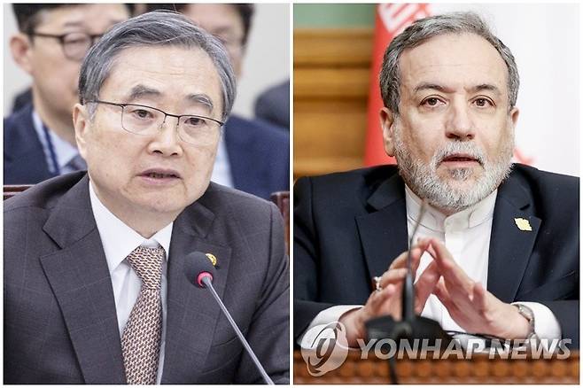조현 외교부 장관(왼쪽)과 아바스 아라그치 이란 외무부 장관 [타스=연합뉴스·연합뉴스 자료사진. 재판매 및 DB 금지]