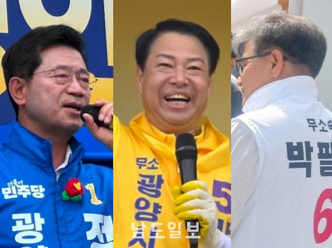지방선거 공식 선거운동 첫날인 21일 (사진 왼쪽부터)정인화-박성현-박필순 후보가 유세전 나서며 지지를 호소하고 있다./각 후보 선거사무소 제공