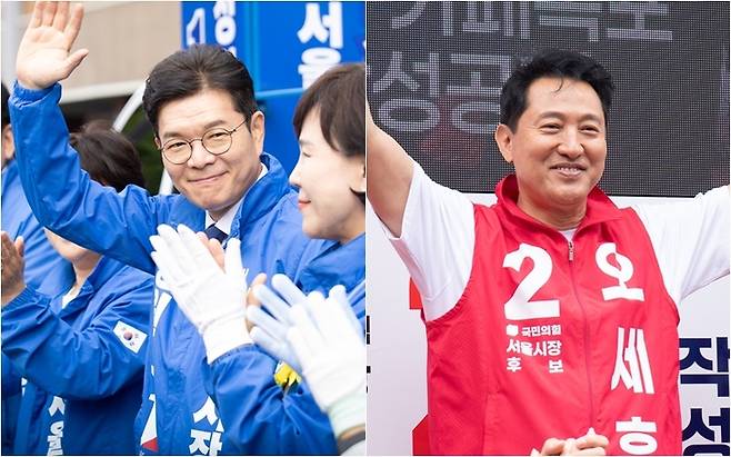 ▲(왼쪽) 정원오 더불어민주당 서울시장 후보가 21일 서울 서초구 고속터미널역 1번 출구 앞에서 열린 거리유세에서 시민들에게 인사하고 있다. (오른쪽) 오세훈 국민의힘 서울시장 후보가 같은 날 서울 서대문구 유진상가 앞 인왕시장 입구 유세에서 지지를 호소하고 있다. 사진=각 후보 캠프
