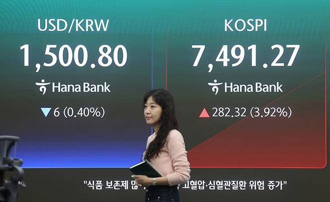 코스피가 급등 출발한 21일 서울 중구 하나은행 딜링룸에서 직원이 업무를 보고 있다. (사진=연합뉴스)