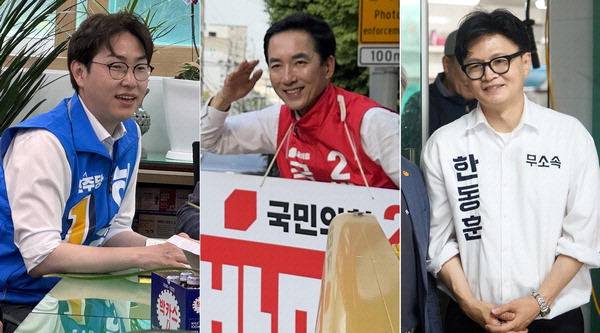 6·3 부산 북갑 국회의원 보궐선거에 출마한 더불어민주당 하정우(왼쪽 사진부터), 국민의힘 박민식, 무소속 한동훈 후보. 각 후보 제공