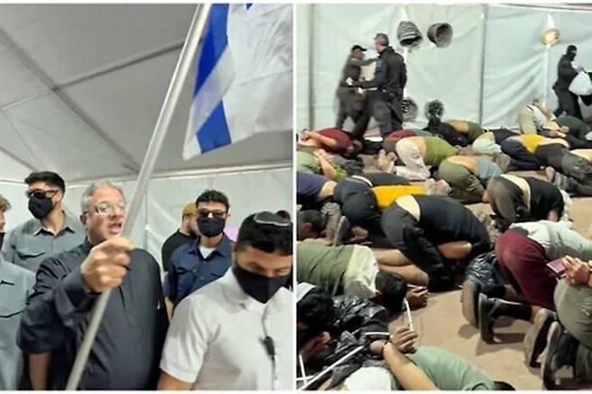 무릎을 꿇려진 채 바닥에 머리를 박고 있는 구호선 활동가들과 이스라엘 국기를 흔드는 이타마르 벤그비르 국가안보장관.
[벤그비르 장관 엑스 계정 캡처. 재판매 및 DB 금지]