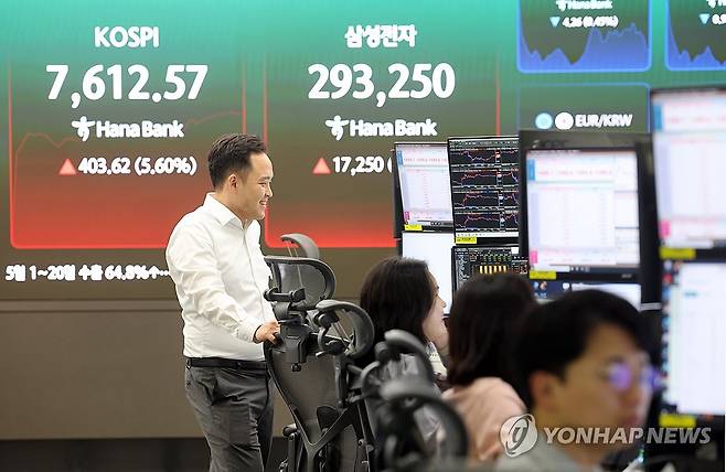 삼성전자 주가 '방긋' (서울=연합뉴스) 박동주 기자 = 코스피가 급등 출발한 21일 서울 중구 하나은행 딜링룸 전광판에 삼성전자 주가가 표시돼 있다. 2026.5.21 pdj6635@yna.co.kr