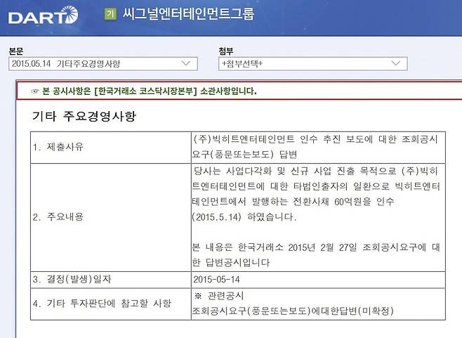 2015년 5월 씨그널엔터테인먼트그룹은 공시를 통해 빅히트 (현 하이브) 전환사채 60억원 규모를 인수했다고 밝혔다. [사진 전자공시시스템 공시 캡처]
