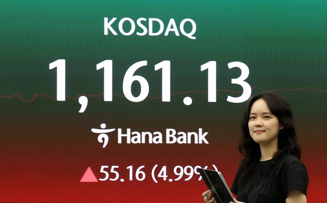 [서울=뉴시스] 최진석 기자 = 코스닥 지수가 전 거래일(1105.97)보다 55.16포인트(4.99%) 상승한 1161.13에 거래를 마친 22일 서울 중구 하나은행 딜링룸에 코스닥 지수 종가가 보이고 있다.   코스피는 전 거래일(7815.59)보다 32.12포인트(0.41%) 오른 7847.71에 마감했다. 서울 외환시장에서 원·달러 환율은 전 거래일(1506.1원)보다 11.1원 오른 1517.2원에 주간 거래를 마감했다. 2026.05.22. myjs@newsis.com /사진=최진석