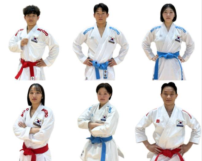 AG 가라테 국가대표에 선발된 선수들. 사진 위 왼쪽부터 시계 방향으로 박건호, 안광민, 안정은, 양예원, 황태연, 최하은, 양예원. 대한가라테연맹 제공