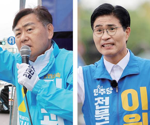 유세를 하고 있는 무소속 김관영 전북지사 후보(왼쪽 사진)와 민주당 이원택 전북지사 후보 ⓒ연합뉴스