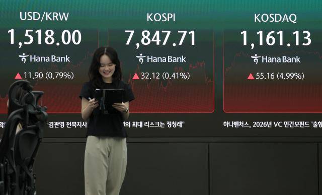 코스피가 전 거래일보다 32.12포인트(0.41%) 오른 7847.71로 마감한 22일 오후 서울 중구 하나은행 딜링룸에 이날 지수가 표시되고 있다. [사진=연합뉴스]