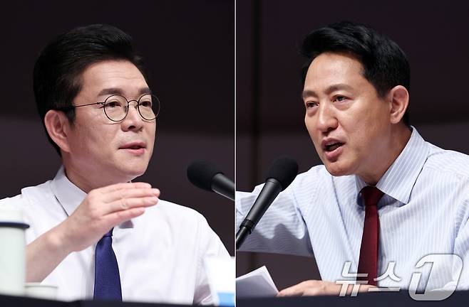 정원오 더불어민주당 서울시장 후보(왼쪽)와 오세훈 국민의힘 서울시장 후보가 서울 중구 한국프레스센터에서 열린 관훈클럽 초청 토론회에서 각각 발언하고 있다. 2026.5.20 ⓒ 뉴스1 구윤성 기자